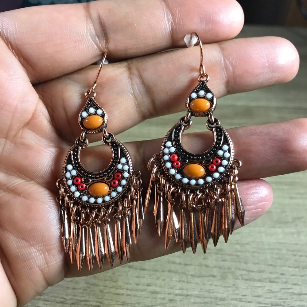 Bohemian Copper Orange Red White Beaded Dangle Earrings